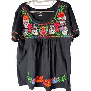 South Main Black Embroidered Sugar Skull Floral Folk Art Tunic Top XXL Festival